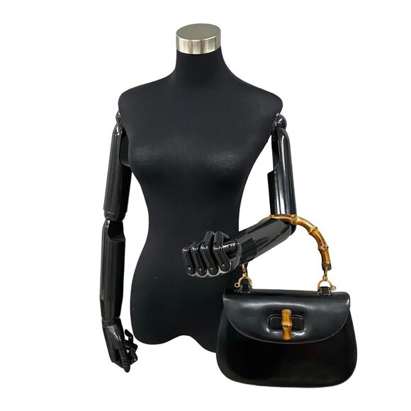 GUCCI Black Leather Bamboo Tote Bag - Picture 2 of 9